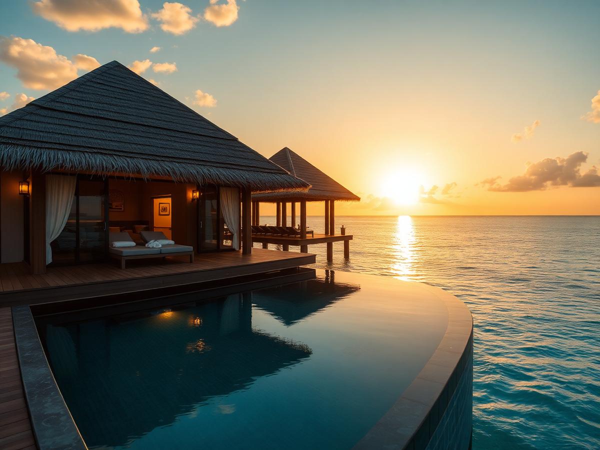 Overwater villa resort at sunset booked with hotel points